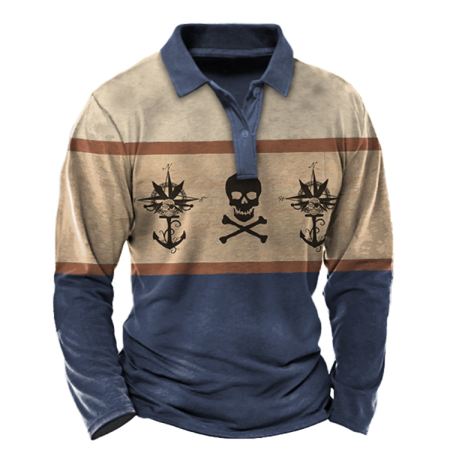 

Men's Vintage Compass Skull Pirate Colorblock Polo T-Shirt