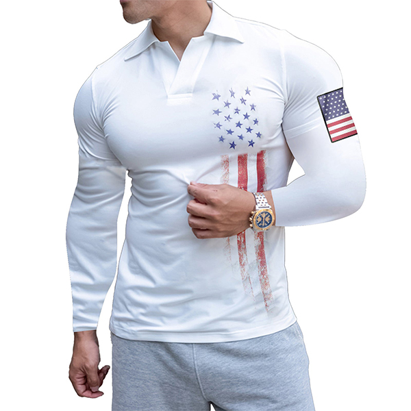 Men's Outdoor American Flag Chic Long Sleeve Golf Polo Shirt
