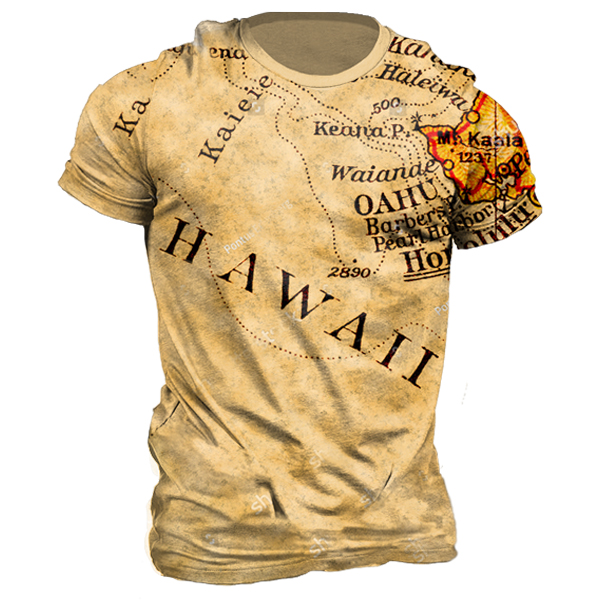 Men's Vintage Hawaii Map Print Chic Short Sleeve T-shirt
