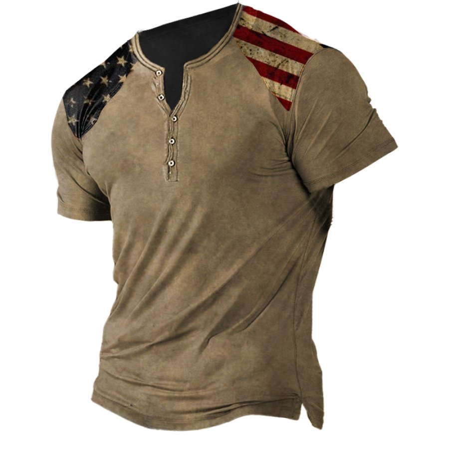 

Men's Vintage Flag Print Henley Collar T-Shirt