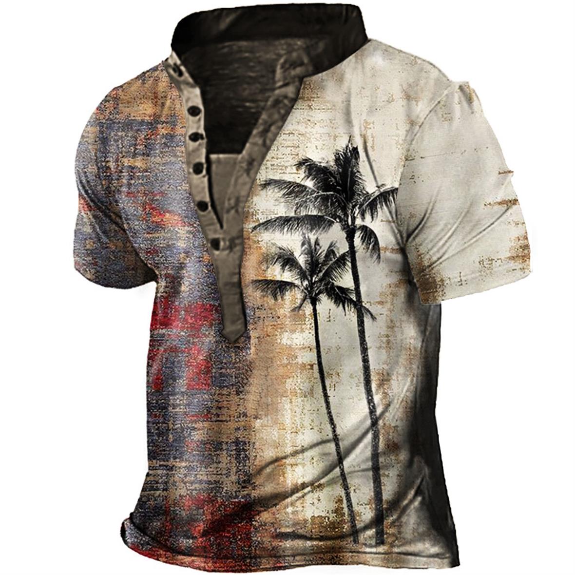 Men's Vintage Coconut Tree Print Chic Henley T-shirt