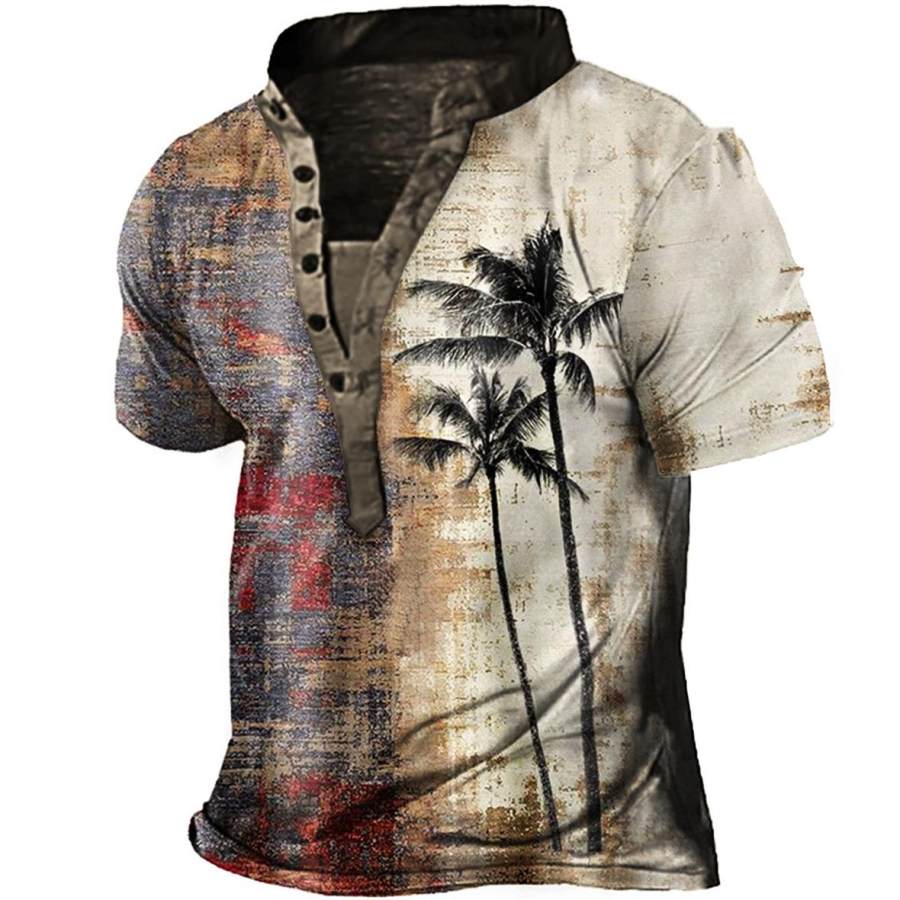 

Men's Vintage Coconut Tree Print Henley T-Shirt