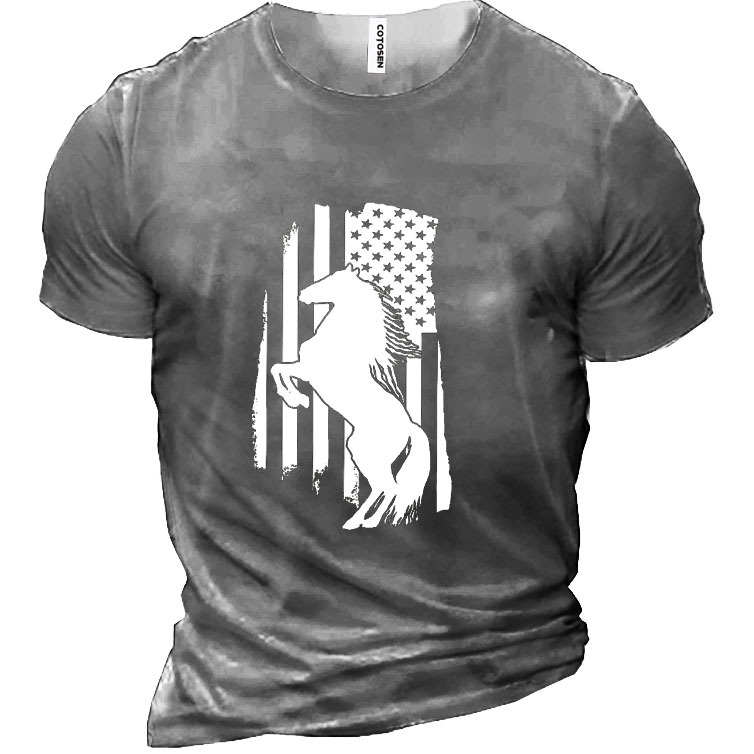 American Flag Rearing Horse Chic Cotton Men's Shirt
