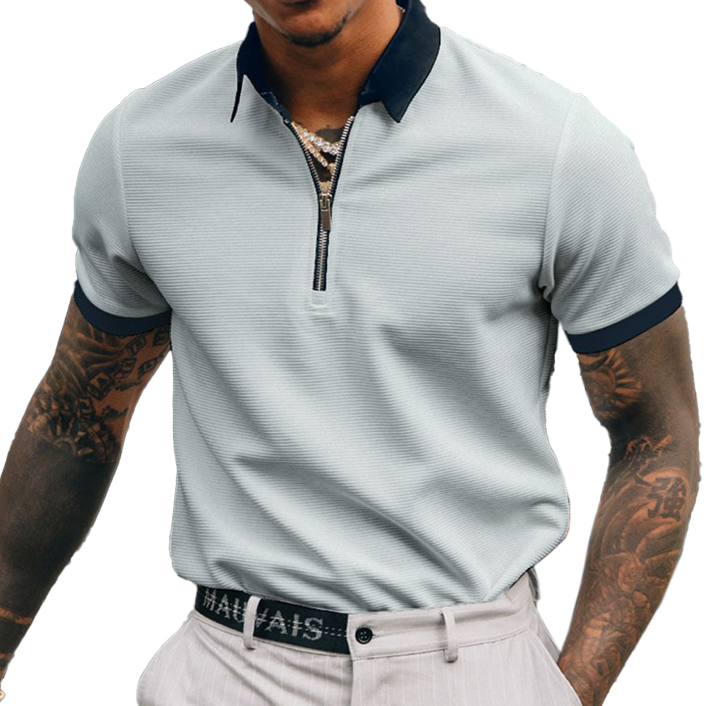 Men's Contrast Color Chic Zipper Lapel T-shirt