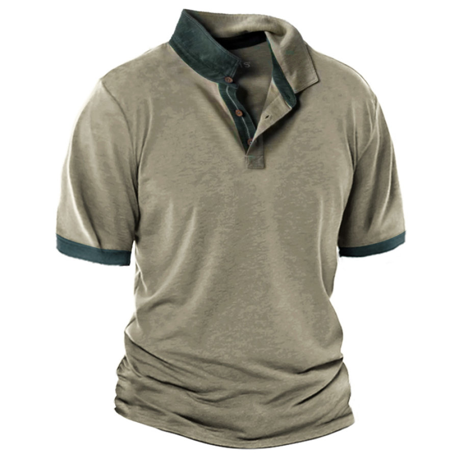 

Men's Retro Colorblock Polo Collar Casual T-Shirt