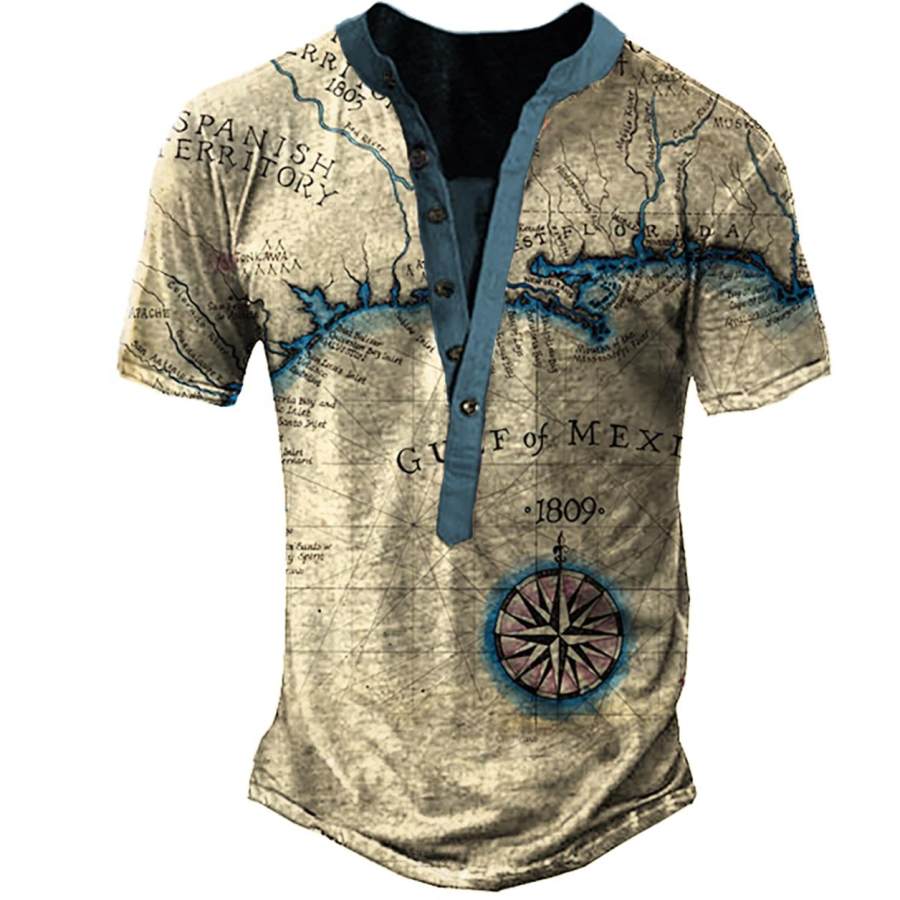 

Men's Vintage Coastal Nautical Map Print Henley T-Shirt