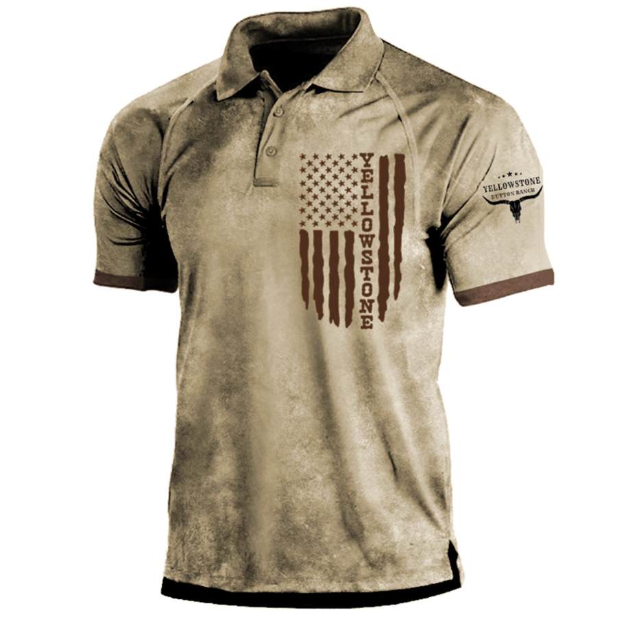 

Men's Vintage Yellowstone American Flag Polo Collar T-Shirt