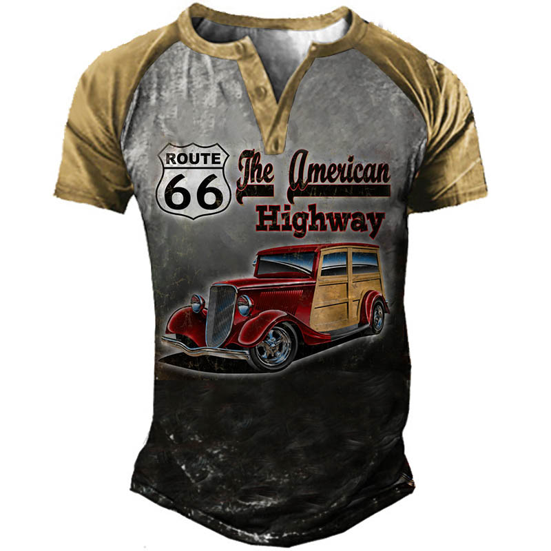 Men's Vintage Route 66 Chic Car Henley T-shirt