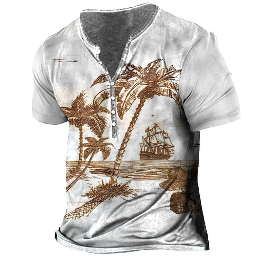 

Men's Hawaii Coconut Tree Print Henley T-Shirt