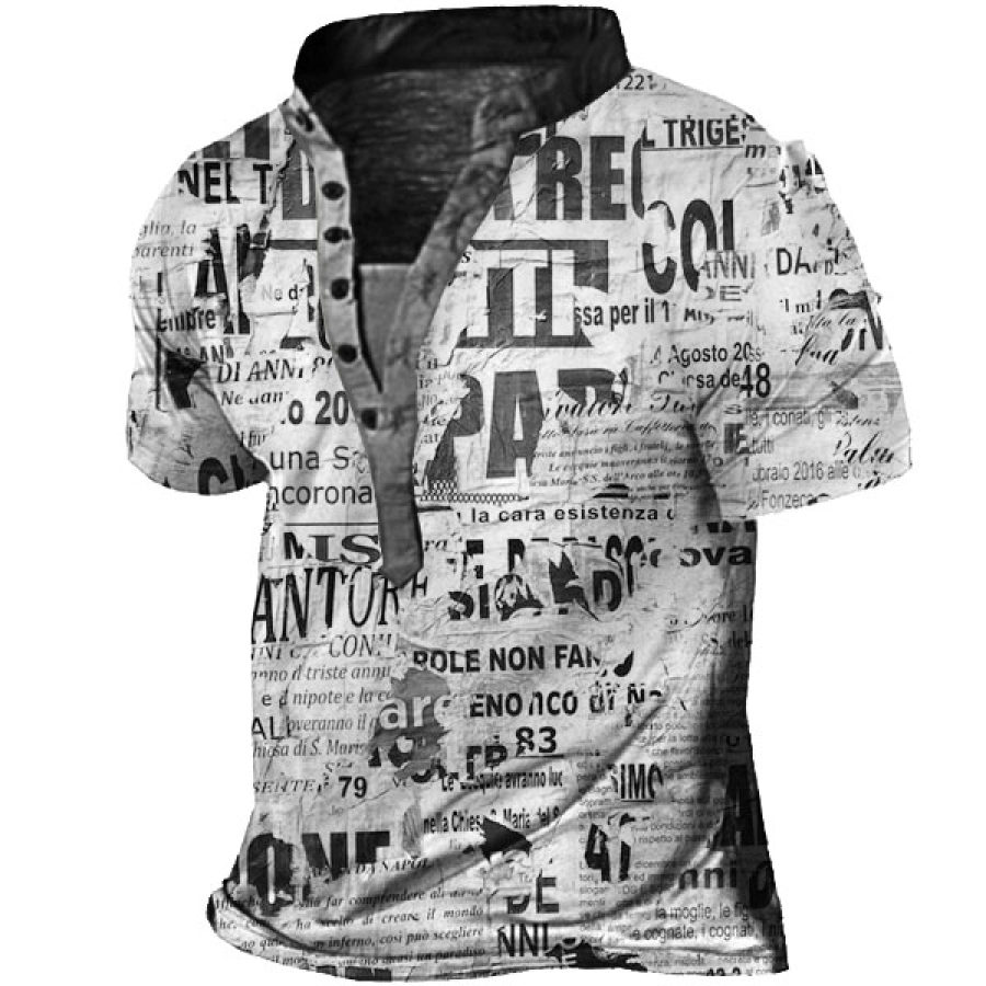 

Men's Vintage Newspaper Print Henley T-Shirt