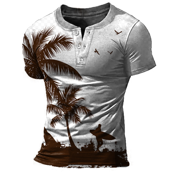 Men's Outdoor Coconut Beach Print Chic Henley Cotton T-shirt