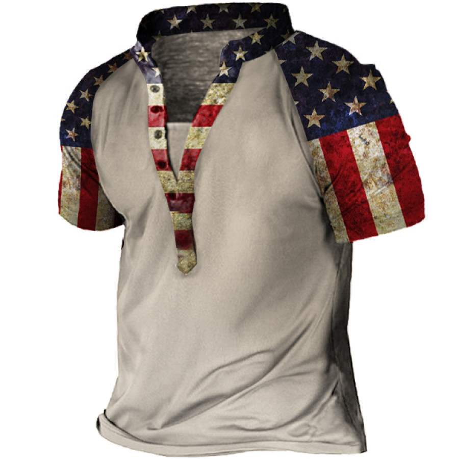 

Men's Vintage American Flag Print Henry T-Shirt