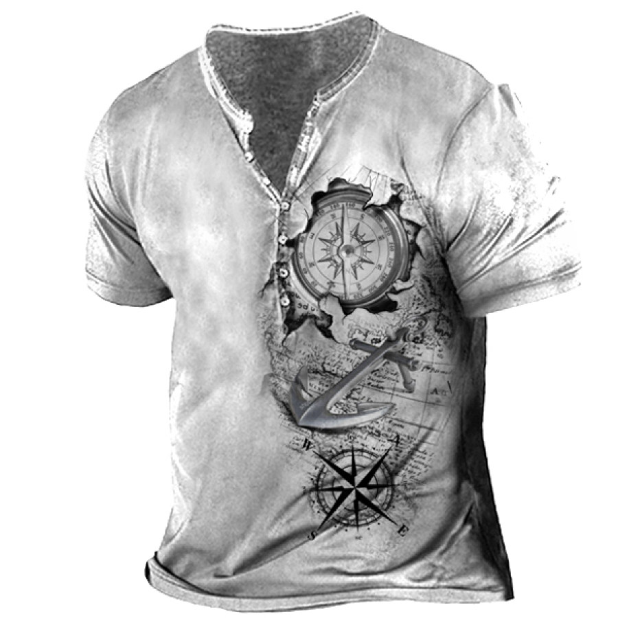 

Men's Nautical Anchor Compass Print Henley T-Shirt