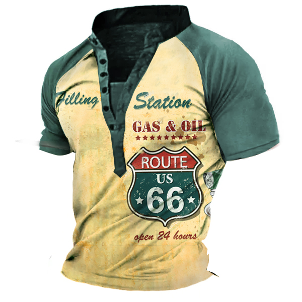 Men's Vintage Route 66 Print Chic Henley T-shirt