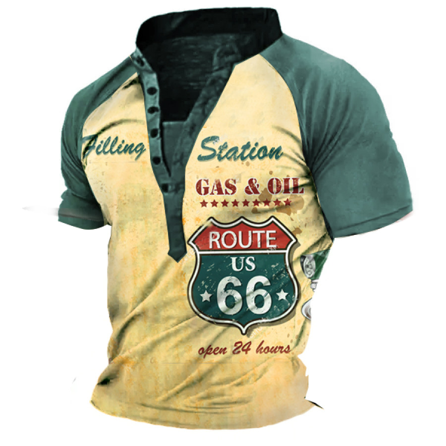 

Men's Vintage Route 66 Print Henley T-Shirt