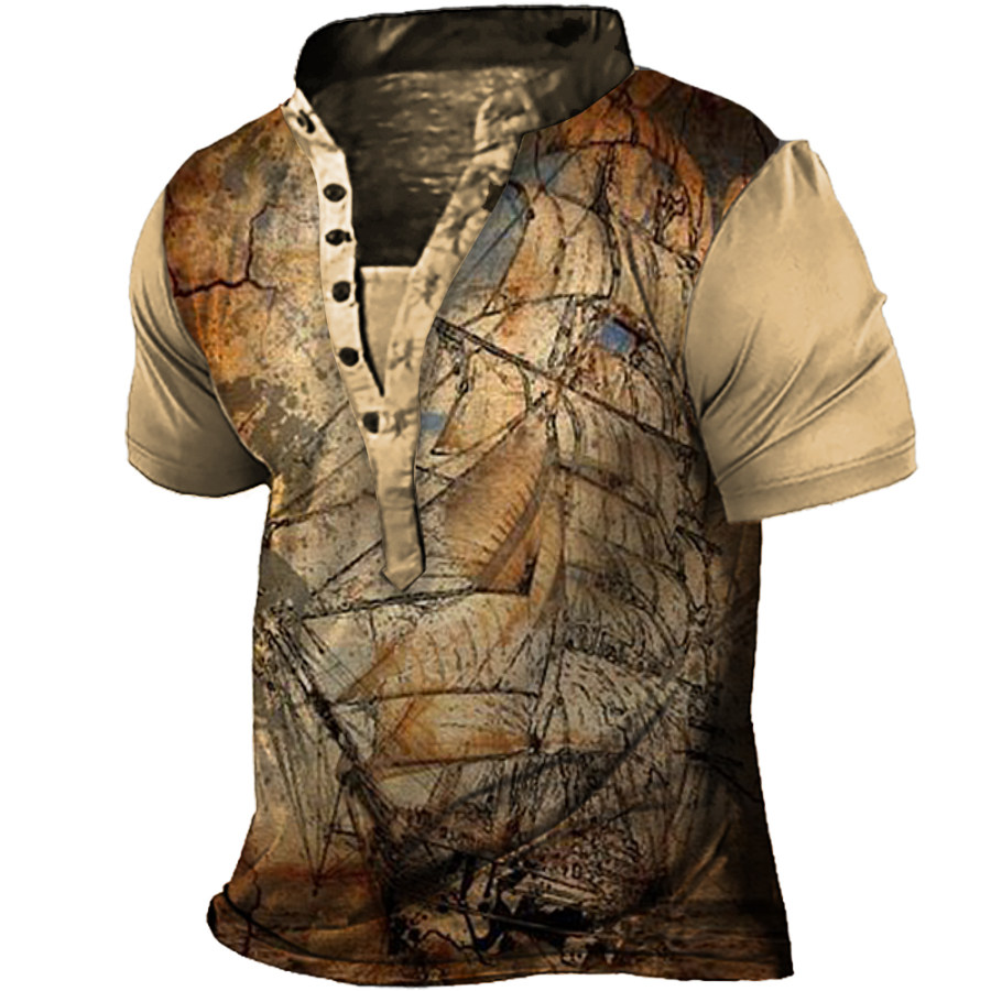 

Men's Vintage Nautical Sailing Henley Collar T-Shirt