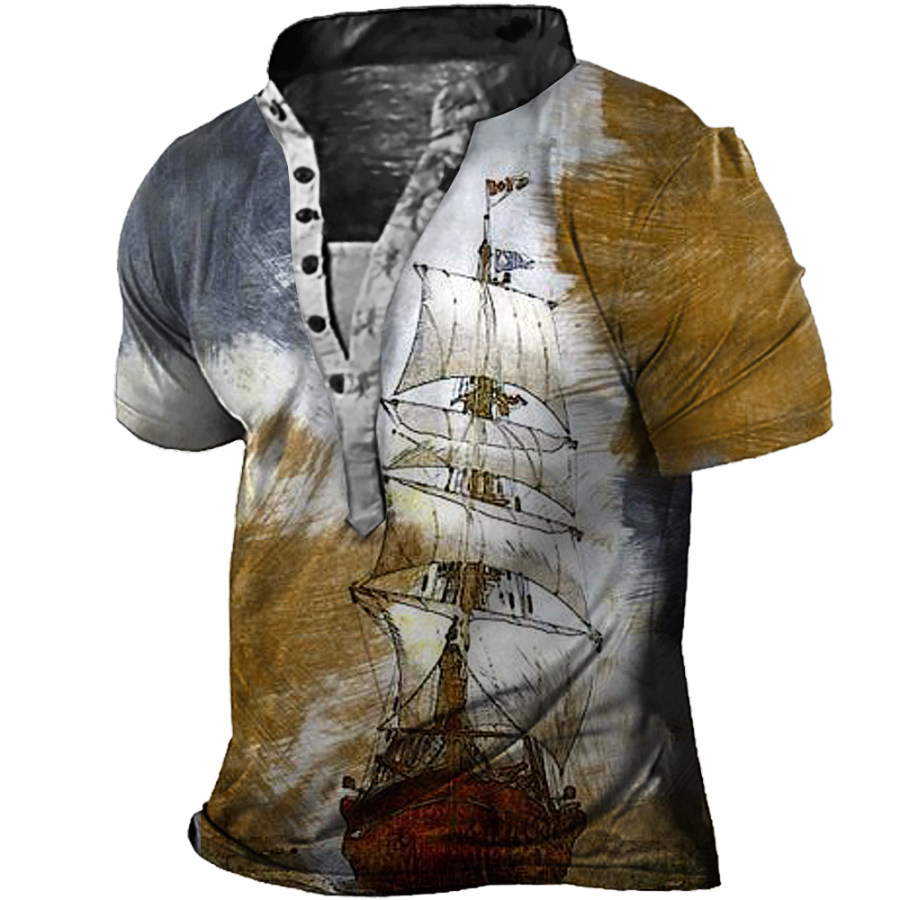 

Men's Vintage Nautical Sailing Henley Collar T-Shirt