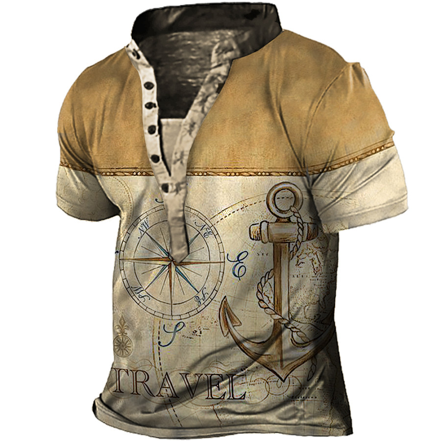 

Men's Vintage Compass Anchor Print Henley Collar T-Shirt