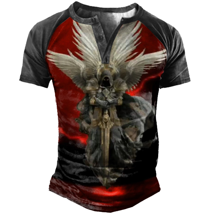 

Men's Vintage Templar Print Henley Collar T-Shirt