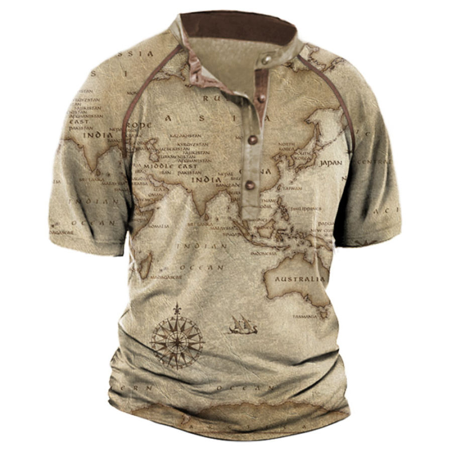 

Men's Vintage Nautical Map Colorblock Henley T-Shirt