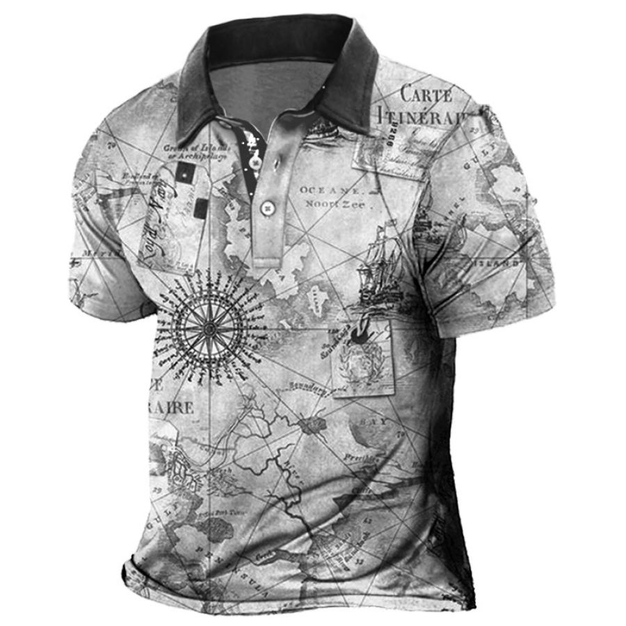 

Men's Outdoor Vintage Nautical Map Print Colorblock Polo Neck T-Shirt