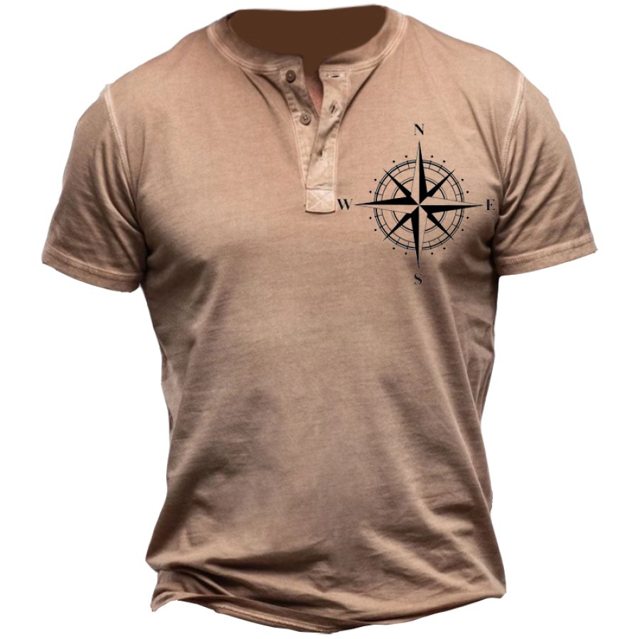 

Men's Vintage Compass Print Henley Neck T-Shirt