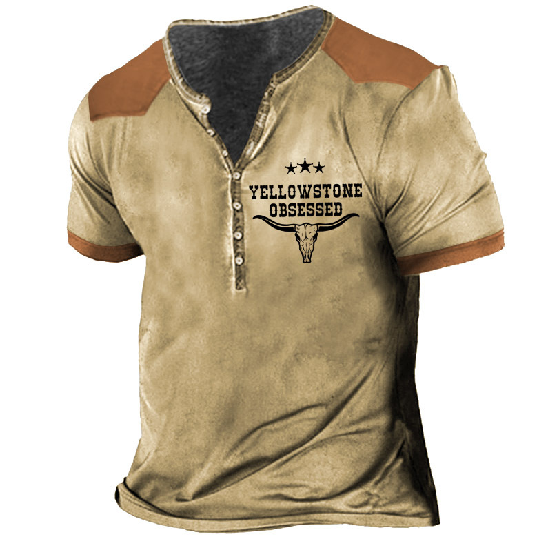 Men's Vintage Yellowstone Henley Collar Chic T-shirt