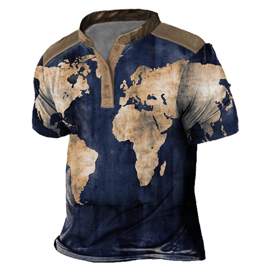 

Men's Vintage World Map Henley T-Shirt