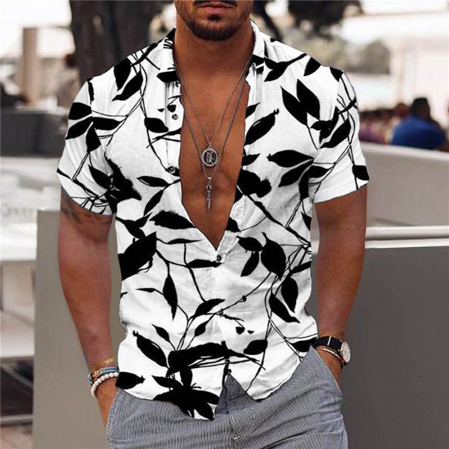 

Camisa Masculina De Manga Curta Havaiana Folha De Praia Casual