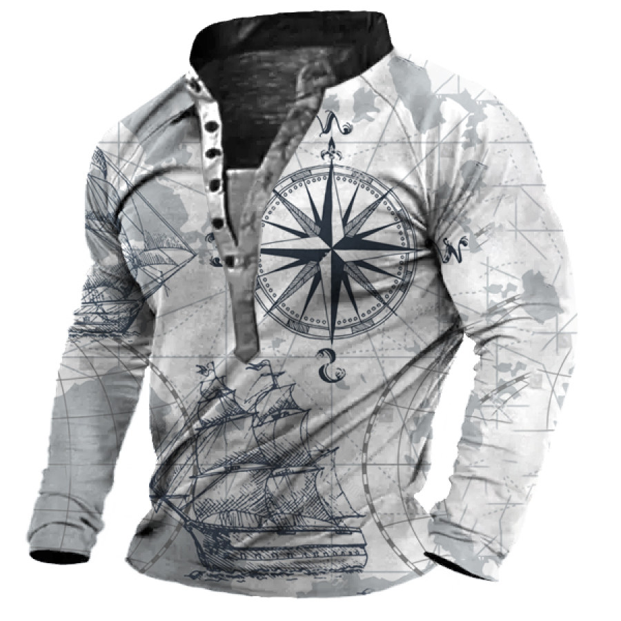 

Men's Vintage Nautical Map Print Henley Long Sleeve T-Shirt