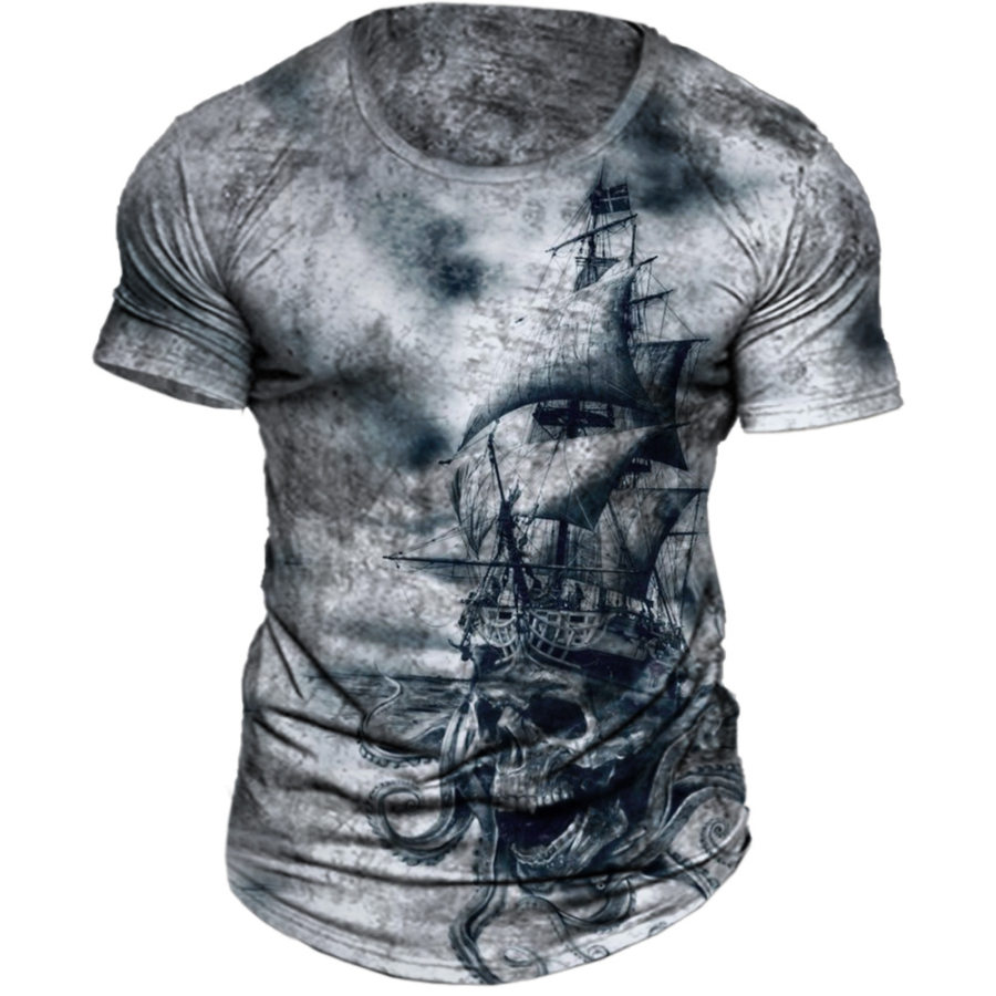 

Men's Vintage Sailing Boat Skull Pirate Print Round Neck T-shirt