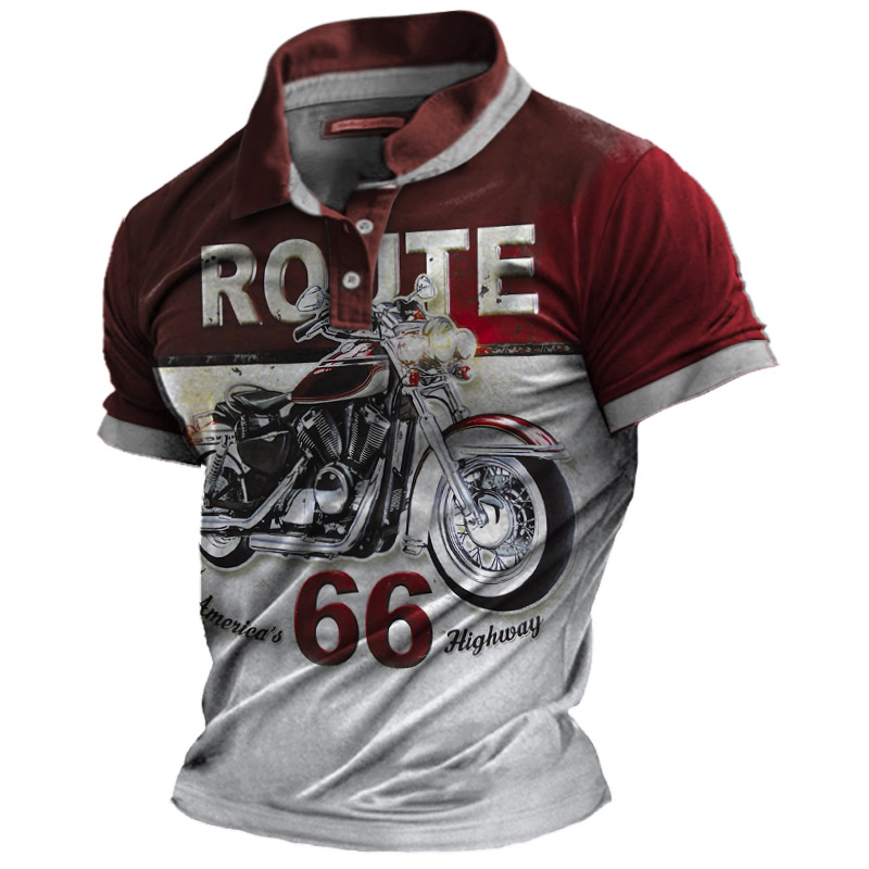 Men's Vintage Route 66 Chic Motorcycle Print Polo Neck T-shirt