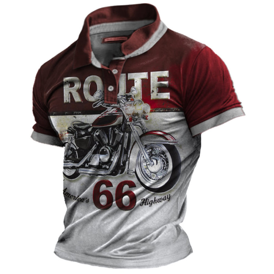 

Men's Vintage Route 66 Motorcycle Print Polo Neck T-Shirt
