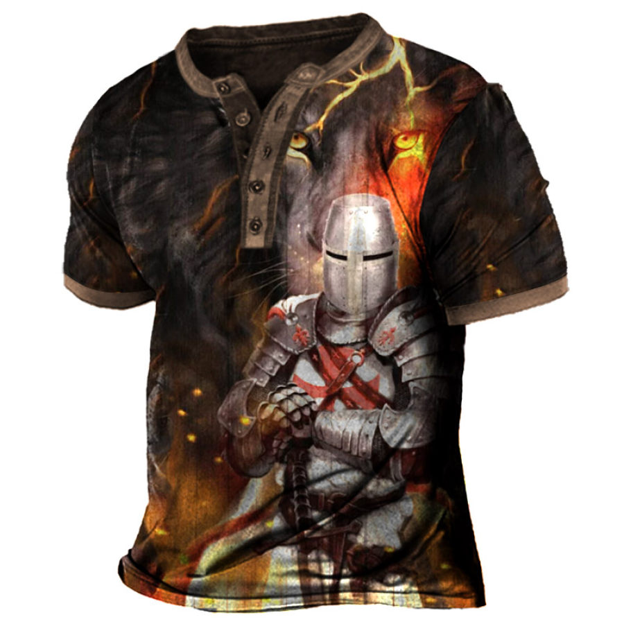 

Men's Vintage Templar Lion Print Henry T-Shirt