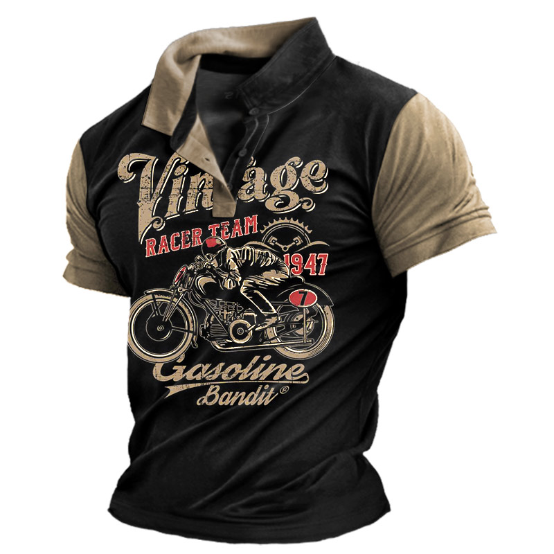 Men's Vintage Motorcycle Colorblock Chic Polo Collar T-shirt