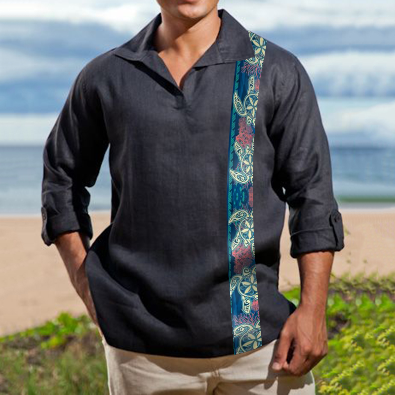 Men's Turtle Printed Long Sleeve Chic Polo Shirt