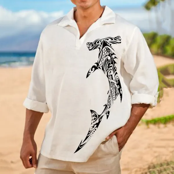 Men's Ocean Printed Long Sleeve Polo Shirt - Salolist.com 