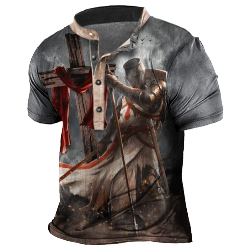 Men's Vintage Knight Templar And Chic Cross Jesus Print Henley T-shirt