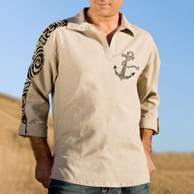 Men's Anchor Printed Long Sleeve Chic Polo Shirt