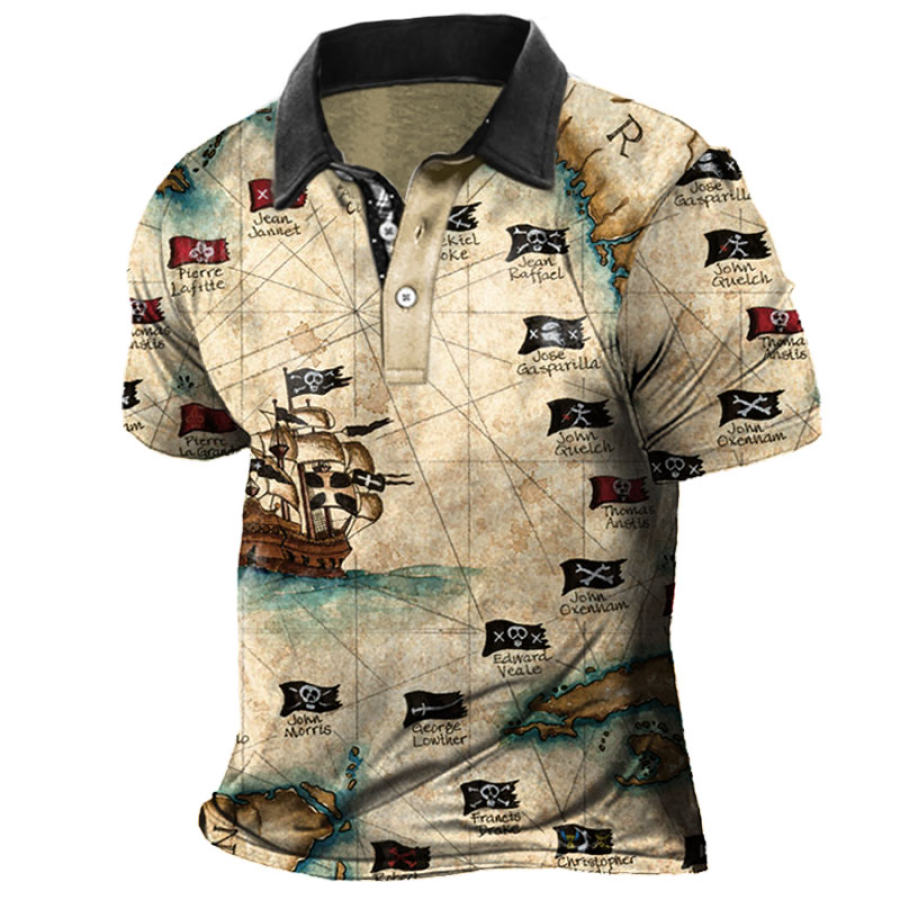 

Men's Vintage Nautical Skull Pirate Map Print T-Shirt