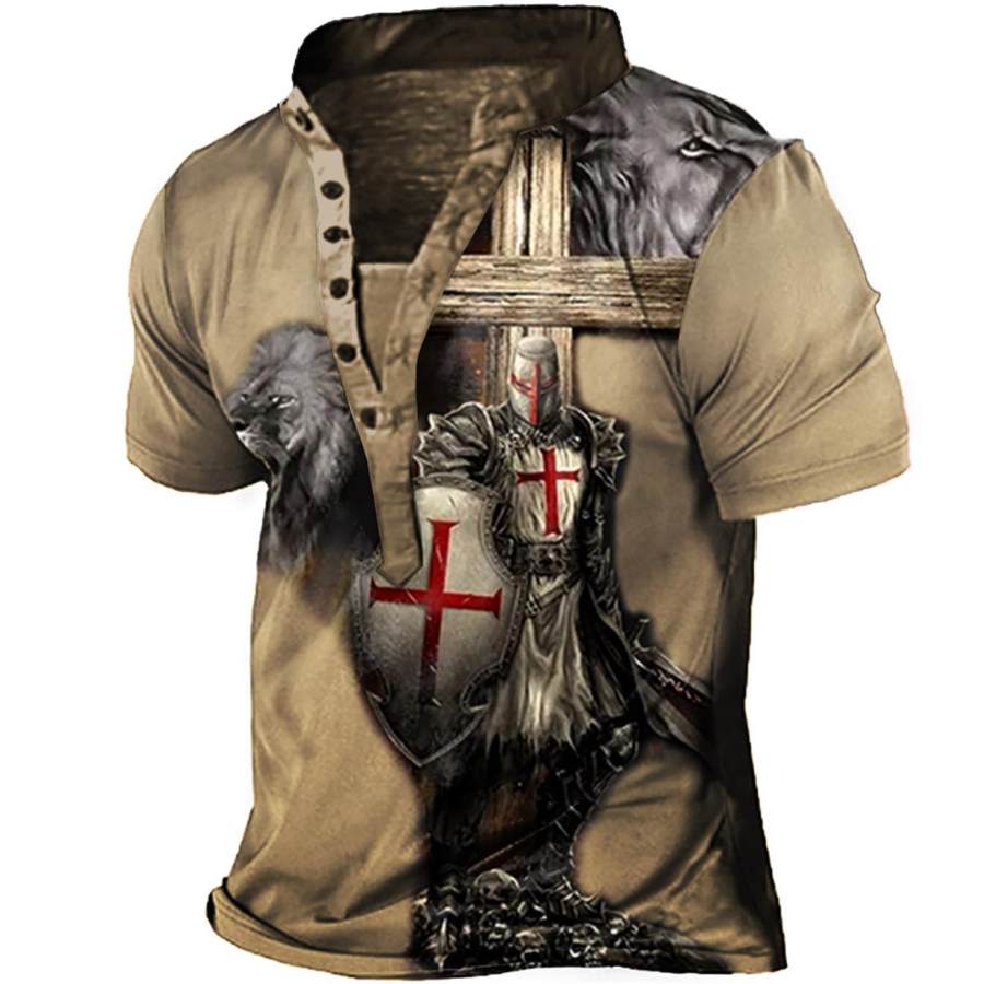 

Men's Vintage Templar Lion Cross Print Henley T-Shirt