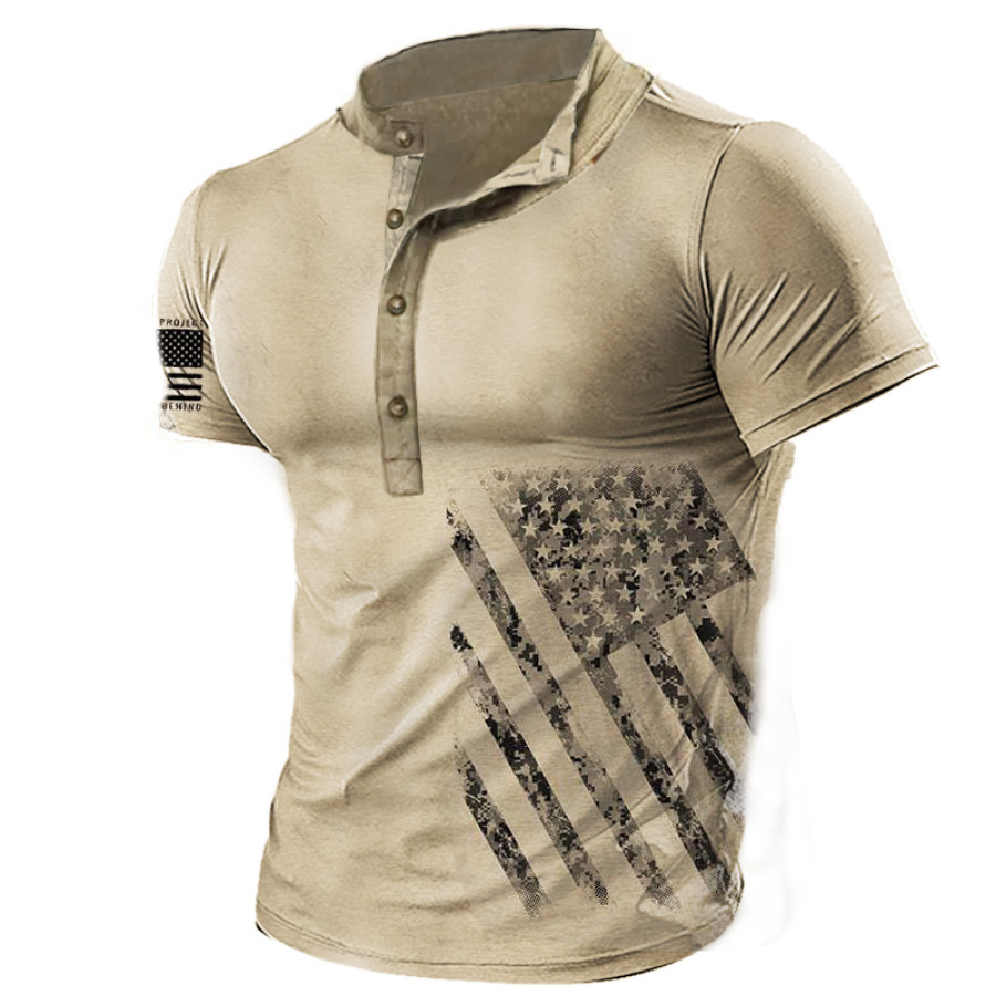 

Men's American Flag Print Henley Short Sleeve T-Shirt