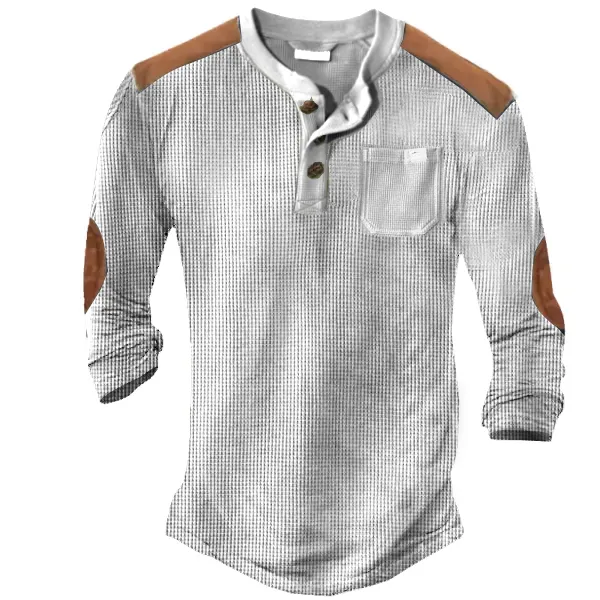 Men's Outdoor Color Contrast Henley Waffle Long Sleeve T-Shirt - Blaroken.com 