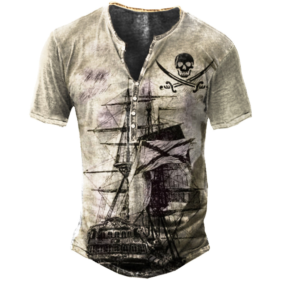 

2 Camiseta Masculina Henley Vintage Com Estampa De Pirata