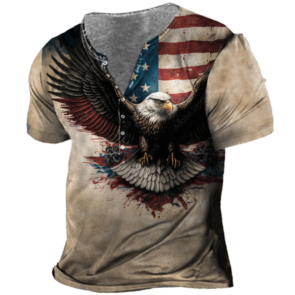 Men's Vintage Eagle American Chic Flag Print Henley Collar T-shirt