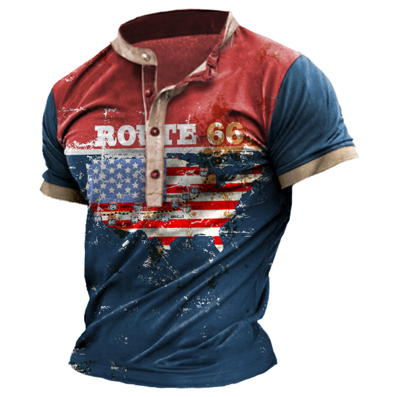 Men's Vintage American Flag Chic Route 66 Color Block Henley T-shirt