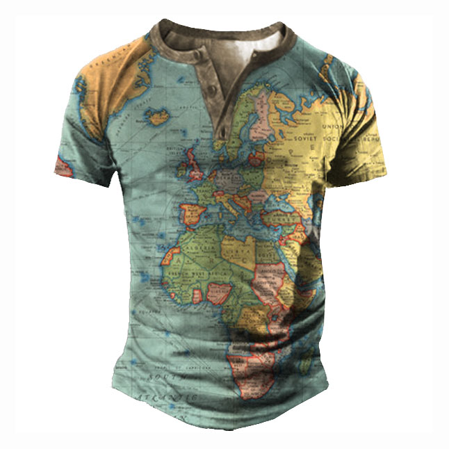 Men's Map Print Henley Chic T-shirt