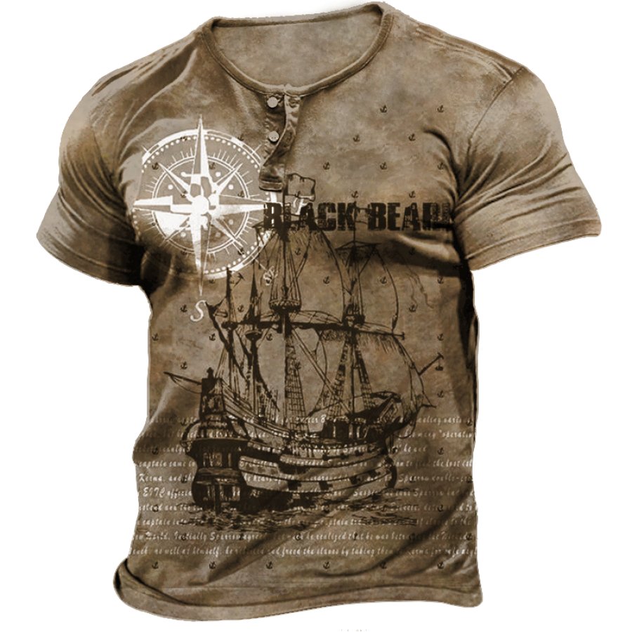 

Men's Vintage Compass Map Print Henley Collar T-Shirt