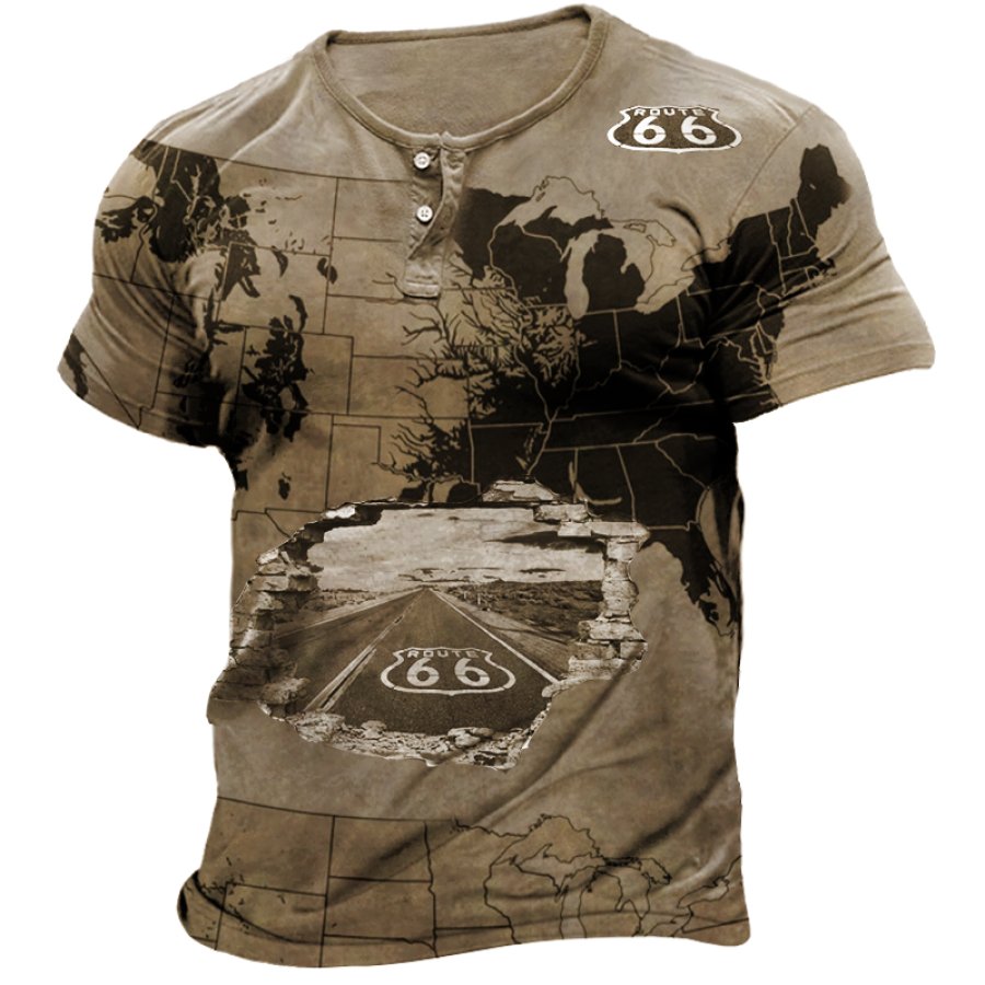 

Men's Vintage US Map Route66 Print Henley Collar T-Shirt