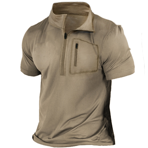 Men's Outdoor Pocket Chic Zipper Stand Collar Tactical T-shirt
